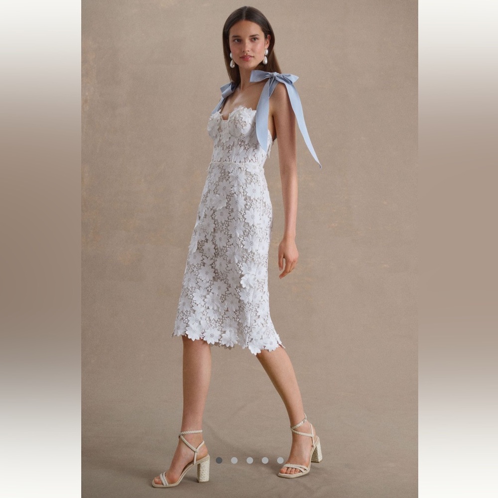 Watters White Lace Midi Dress with Blue Accents